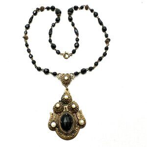 Antique Czech Art Deco Black Glass Pendant Necklace Antiqued Gold Tone 17 Inch